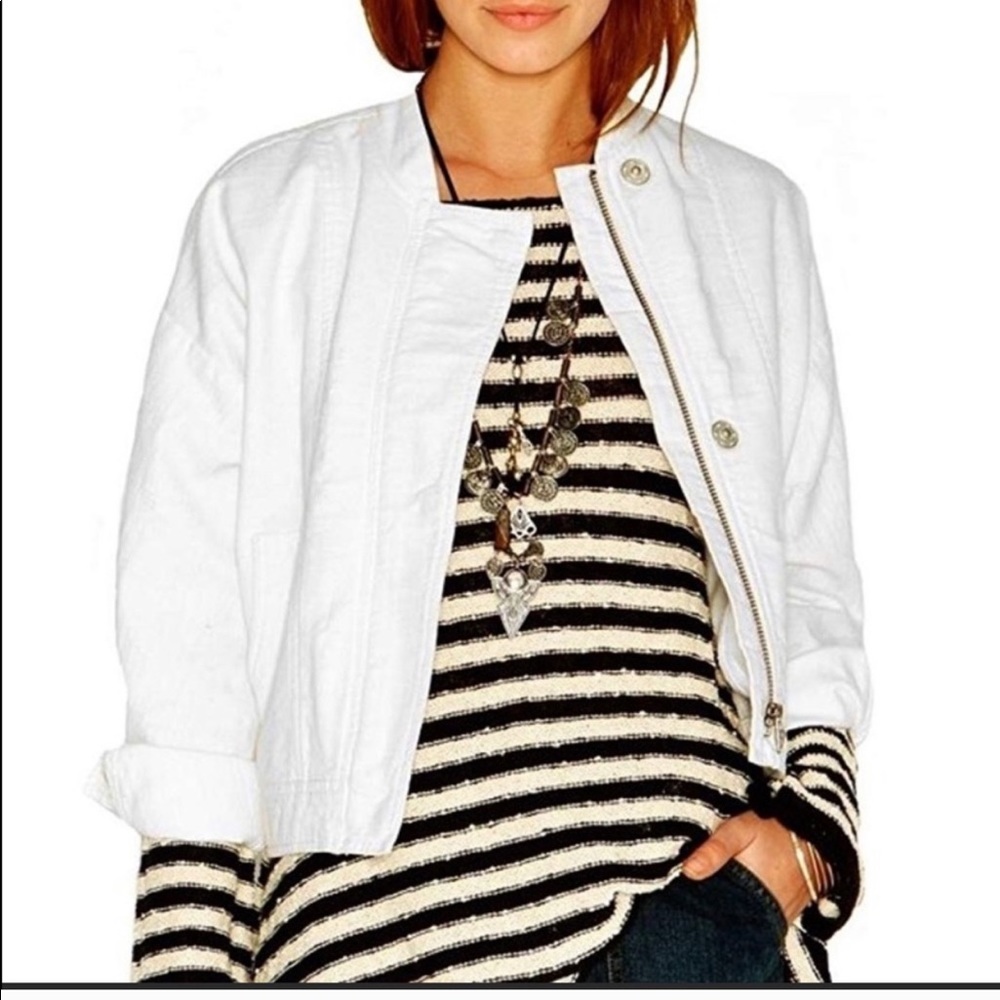 Free People Distressed Off White Denim Jean Jacket - Picture 2 of 12